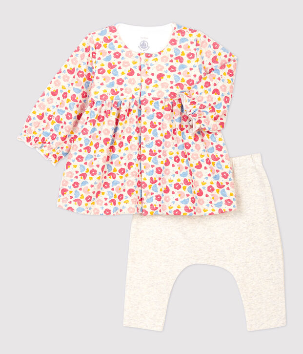 Robe legging &agrave; fleurs b&eacute;b&eacute; fille en laine et coton biologique beige/multicouleur